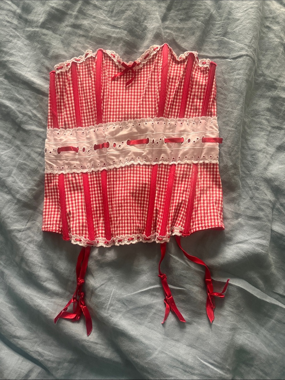 Dreamgirl Red Gingham Corset Top with White Eyelet Trim